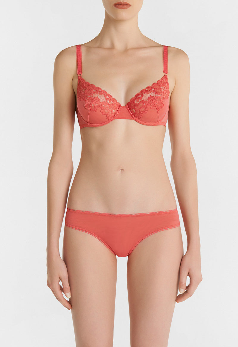 Coral Stretch Tulle Brazillian Briefs with Leavers Lace