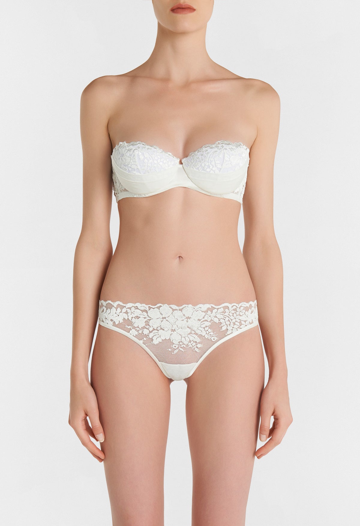 Off-White Bandeau Bra in Leavers Lace and Silk Georgette – Vantage