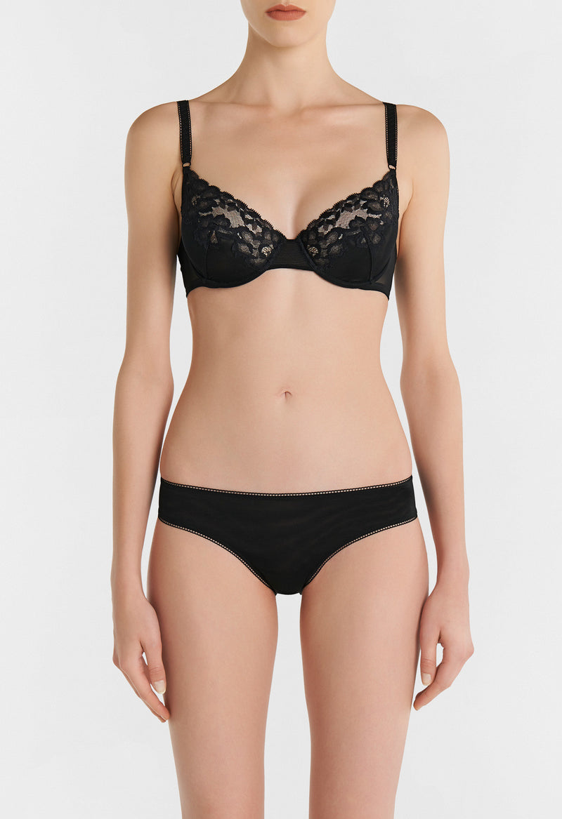 Black Stretch Tulle Brazillian Briefs with Leavers Lace