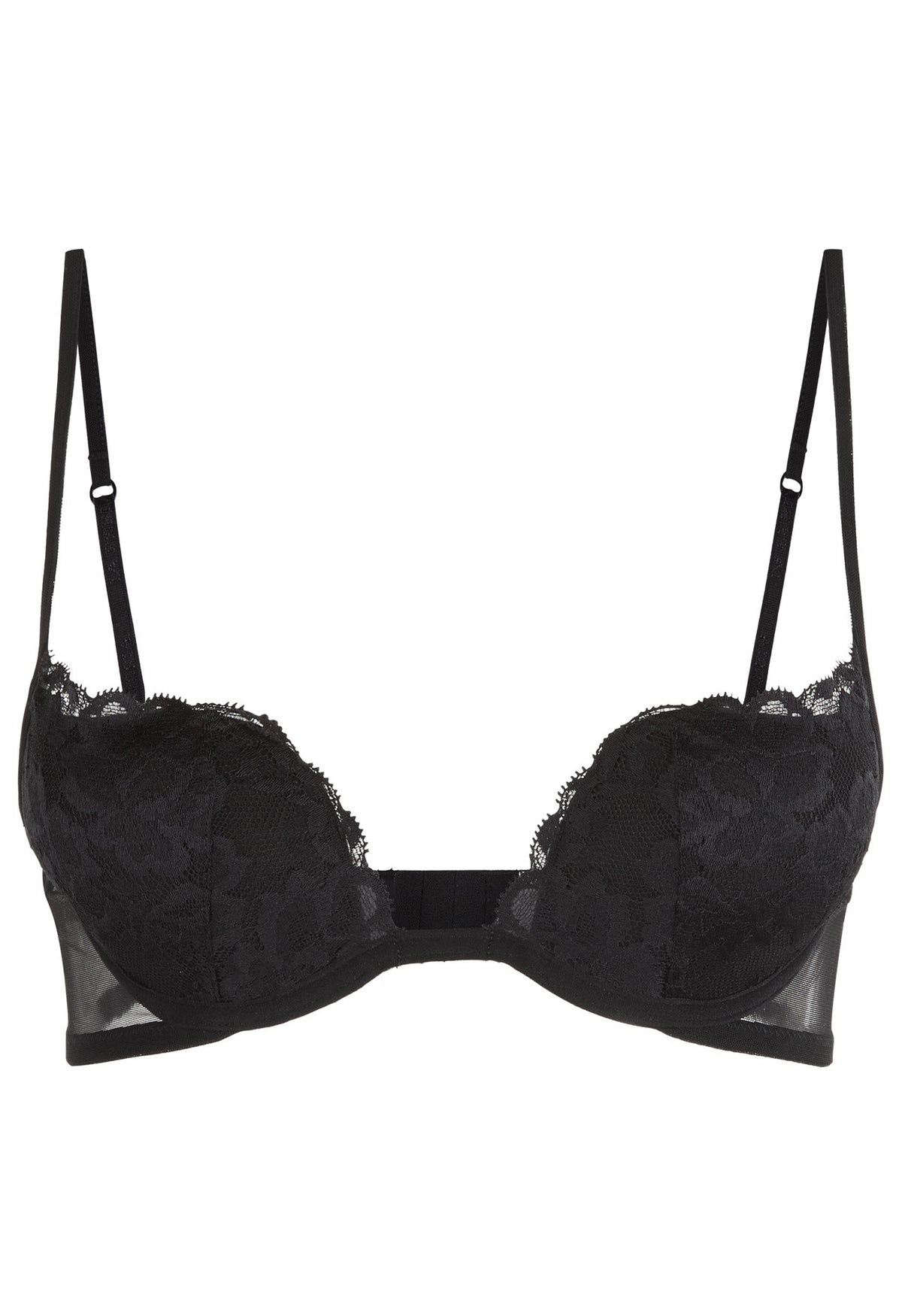 Black Push up Bra in Stretch Tulle and Leavers Lace