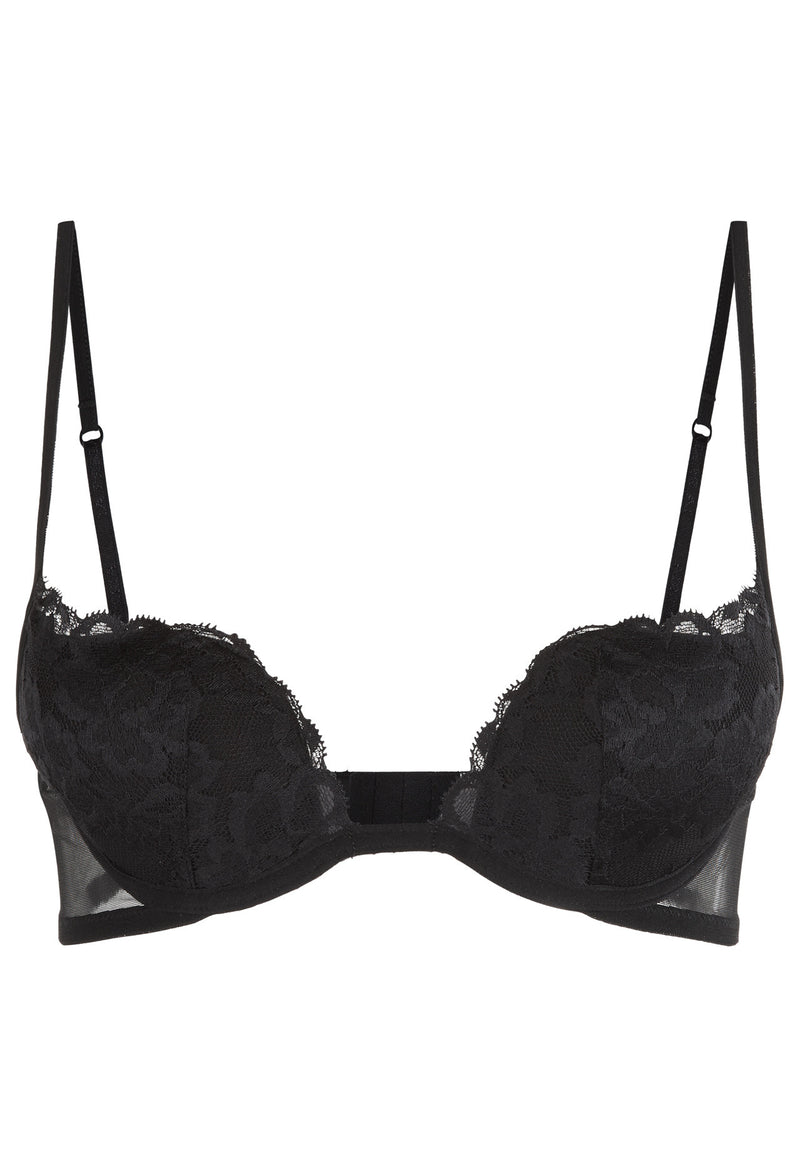 Black Push up Bra in Stretch Tulle and Leavers Lace